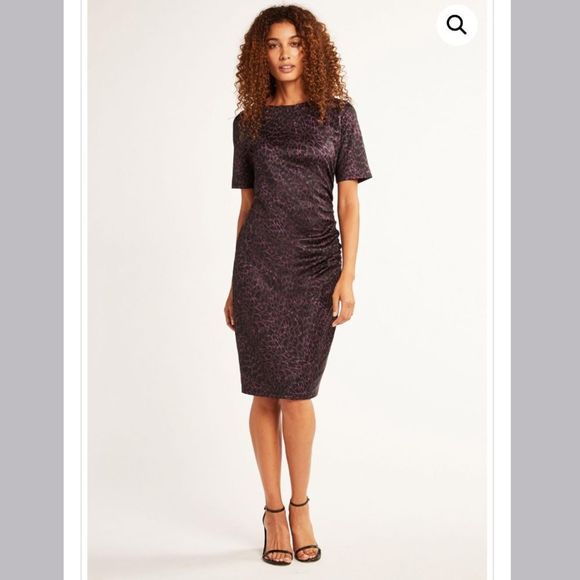 Elie Tahari Dresses & Skirts - Elie Tahari Raveena Ruched Sheath Dress Aubergine Purple & Black Leopard Print 8